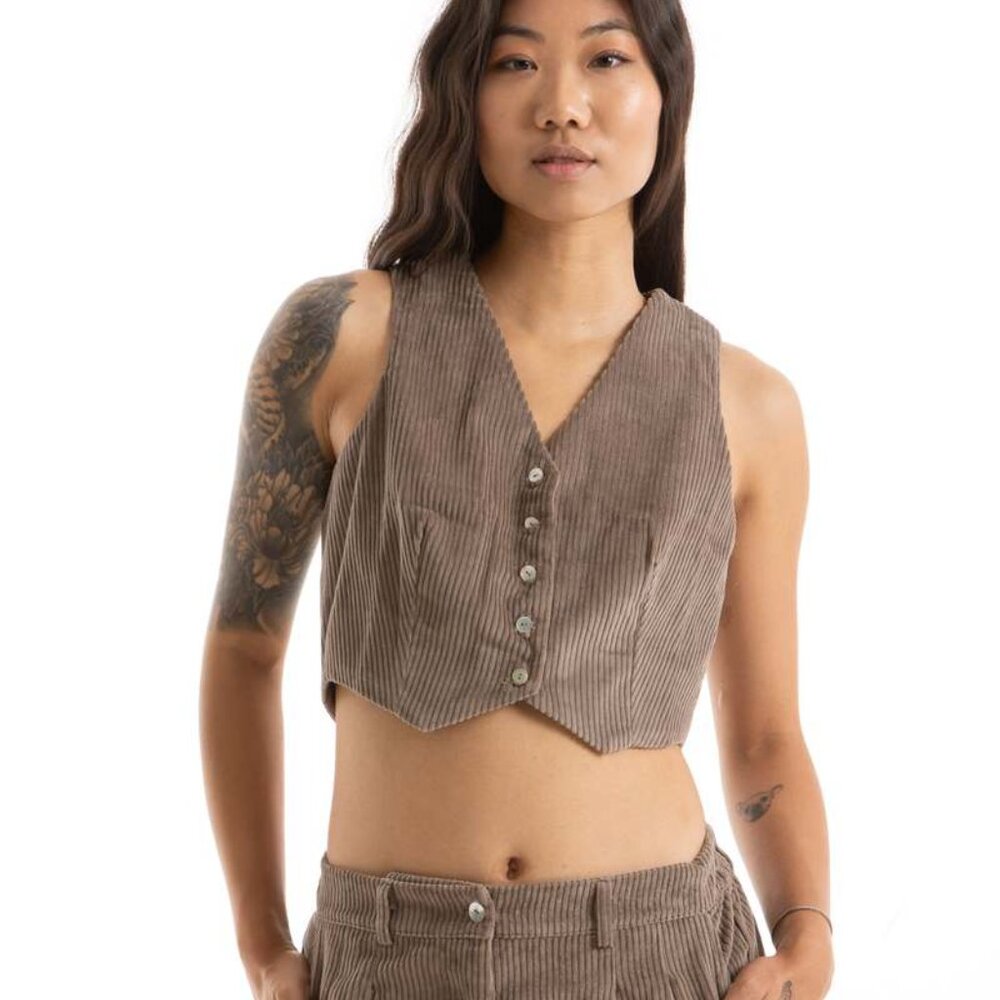MSRP $198 DONNI. Brown Corduroy Button-Up Vest Size Small